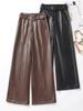 2025 Autumn Winter Women's High Waist Straight Leg Leather Pants, Wide Leg, Plus Velvet, Casual Loose Cropped Fit, Style 514.