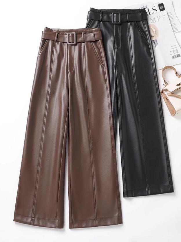 2025 Autumn Winter Women's High Waist Straight Leg Leather Pants, Wide Leg, Plus Velvet, Casual Loose Cropped Fit, Style 514.