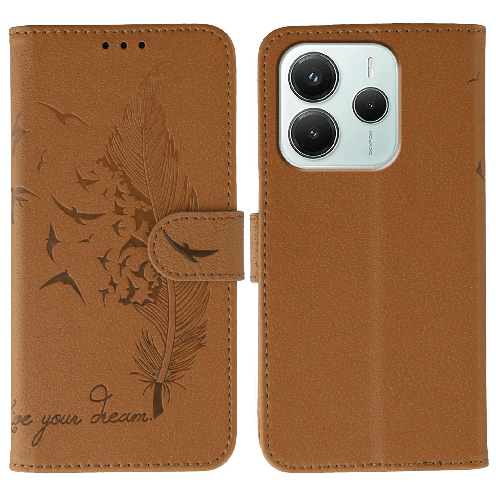 

Для Xiaomi Redmi Note 14 4G (163,25 мм) Чехол Кожаный кошелек с тиснением пера Чехол для телефона Brown