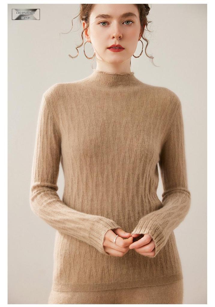 Women's Cable Knit Cashmere Sweater - 12-Gauge, Lychee Pattern, Half-High Neck, Fleece Lining, Twist Design, Wool Base Layer