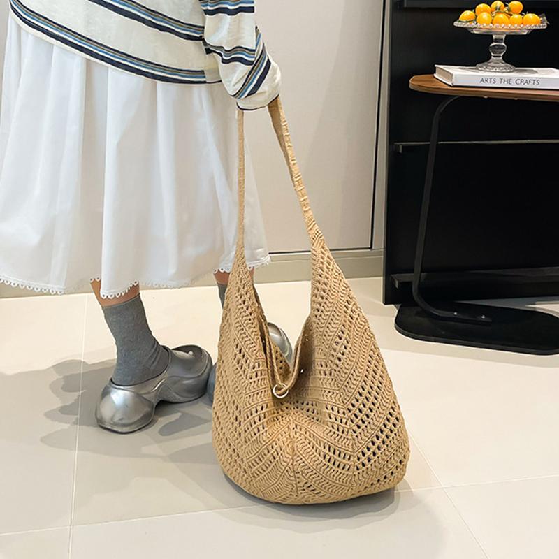 Yogodlns Casual Knitted Tote Bag Women's Summer Fashion Basket Weave Hollow Out Large Capacity Shoulder Bag for Daily Use