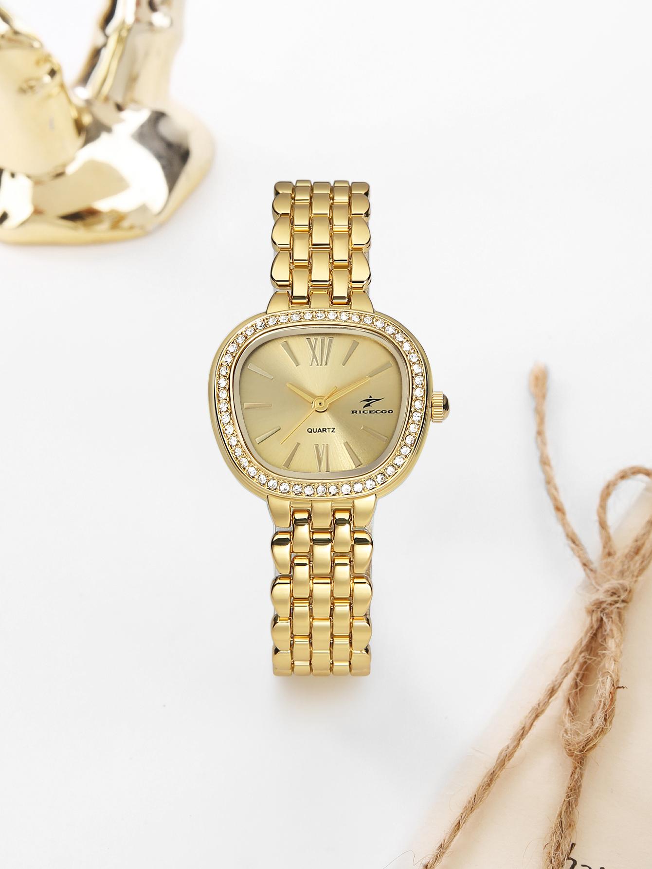 Women Watch Diamond Luxury Wristwatch Gold Tone Quartz Watch with Crystal Bezel Roman Numeral Dial Fashion Ladies Wristwatch
