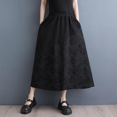 Black Cotton Plus Size High Waist Vintage Floral Spring Summer Casual Loose Long Woman Skirt
