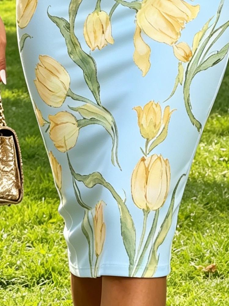 Light Blue Yellow Tulip Floral Print One Shoulder Spaghetti Strap Bodycon Midi Dress Womens Casual Party Dress