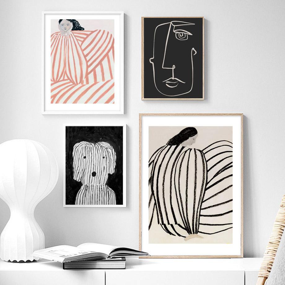 Nordic Posters and Prints for Living Room, Abstract Lines, Woman Geometry, Dog and Bird Wall Art, Wall Pictures