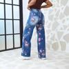 Jeans Donna Vita Alta Gamba Dritta Stampa Floreale Denim Vintage Pantaloni Casual Quotidiani Lunghi