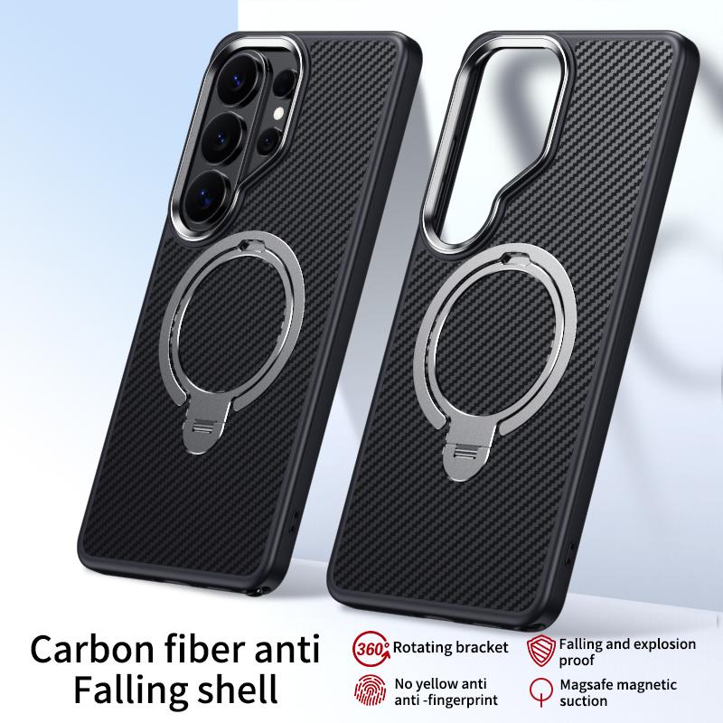 Stile Kevlar in Fibra di Carbonio per Custodia MagSafe per Samsung Galaxy S26 S23 S24 S25 Ultra Plus S26+ Supporto ad Anello Copertura LMD008