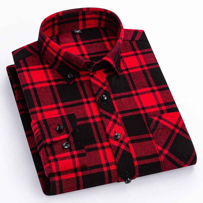 Men's Plus Size Pure Cotton Brushed Plaid Long Sleeve Shirt - Business Casual & Breathable