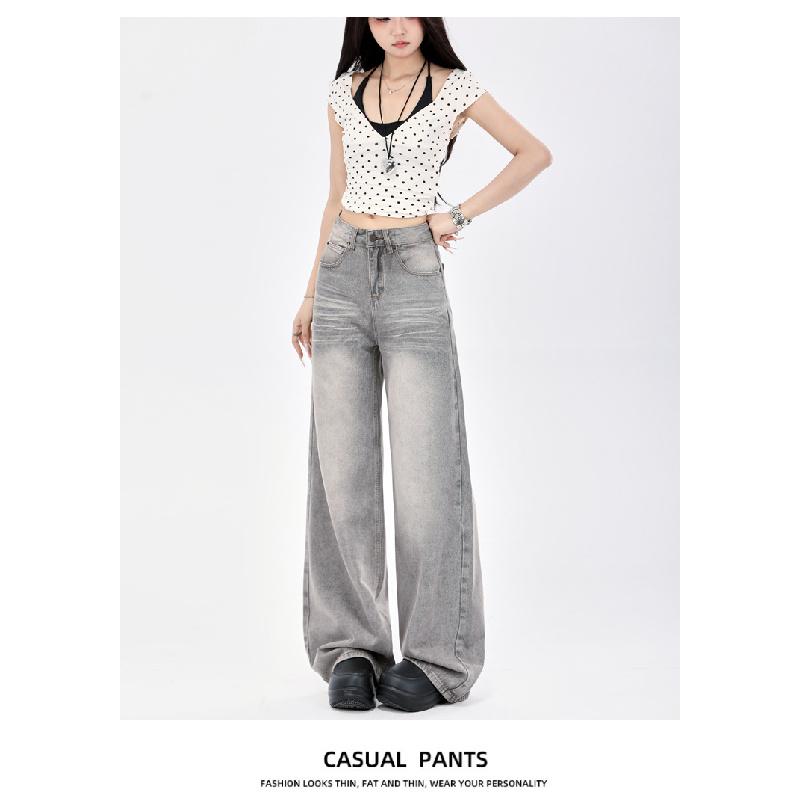American Retro Style Smoky Gray High-end Wide-leg Jeans for Women, 2026 New Model, Drapey, Loose, Straight-leg, Floor-length Pants