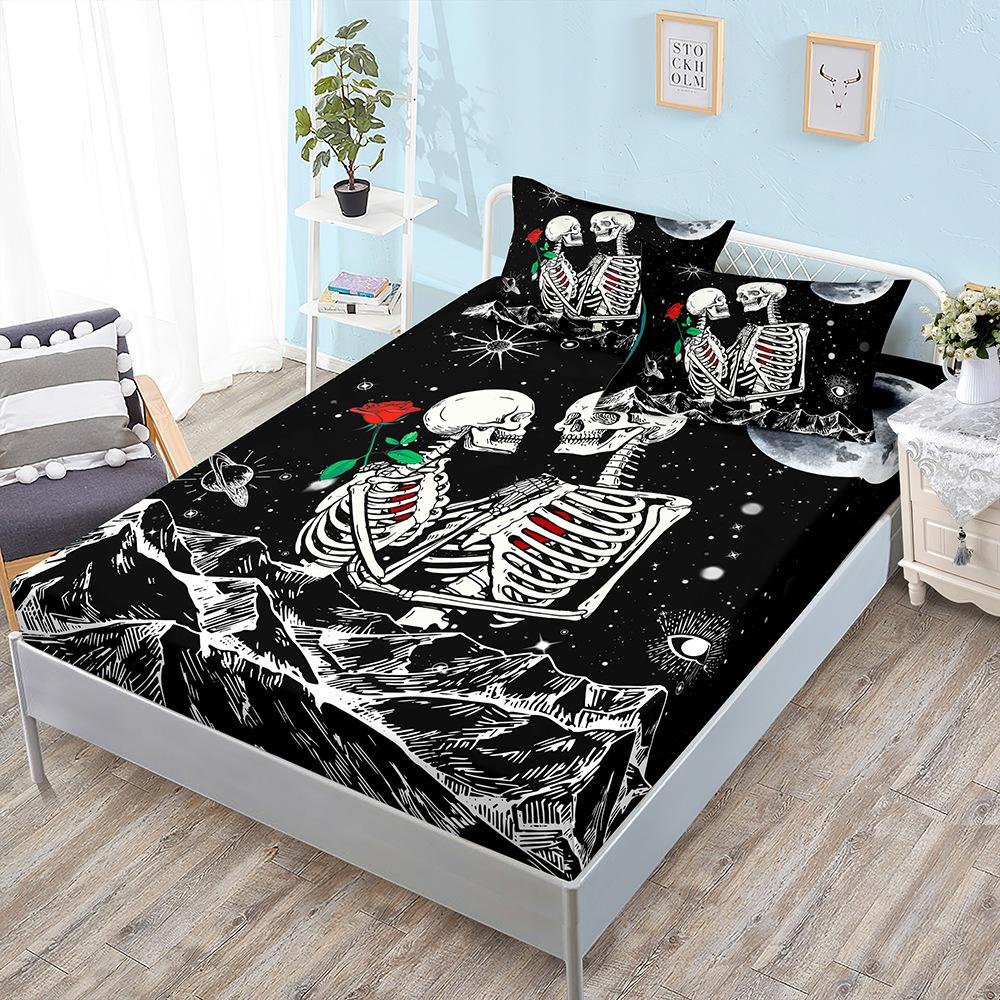 Skull Black Sheet Three-Piece Bedspread Pillowcase Kit Mattress Protective Cover
