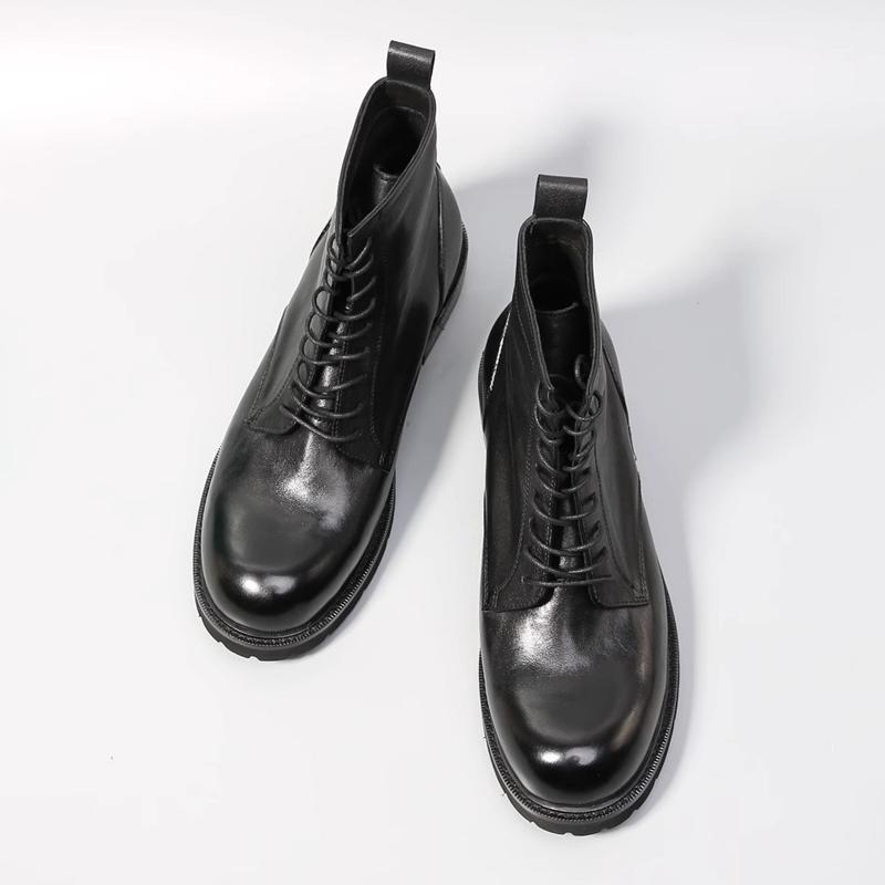 Retro Handmade Mens Ankle Boots High Quality Horsehide Leather Round Toe Thick Soled Outdoor Casual Knight Boots Platform Shoes