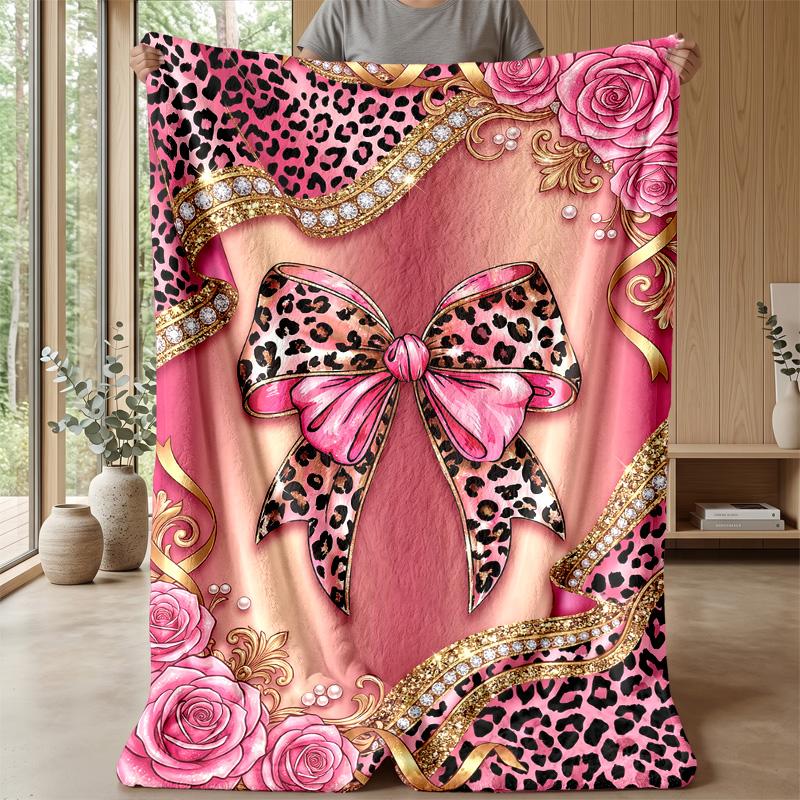 Pink Leopard Bow Frame 1 Theme blanket Lightweight Warm Flannel Blanket Decorative Throw Blanket for Home Decoration