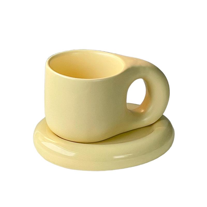 1Set 350ml Ceramic Coffee Chubby Mug Saucer Set Creative Cute Fat Handle Cup with Saucer for Office and Home Room Decor