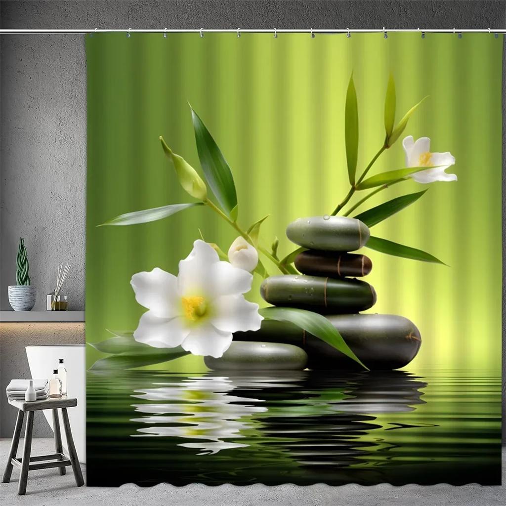 Black Stone Tower Zen Shower Curtain, Spa Decor Lotus Purple Orchid Flower and Bamboo, Cloth Fabric Bathroom Decor Accessory Set