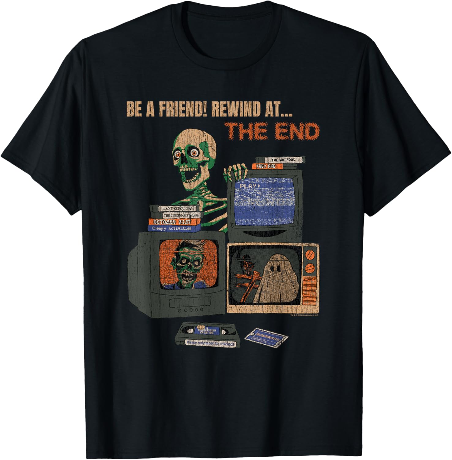 

Blockbuster Rewind at The End Horror Movie Skeleton Vintage T-Shirt 5XL різнокольоровий