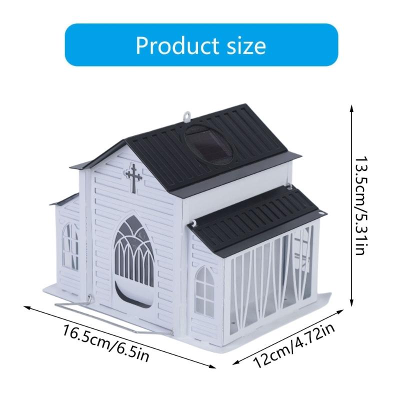 Church Shape Metal Solar Bird Feeders with Light Outdoor Hanging Church Birds Feeders Large Capacity Decorative