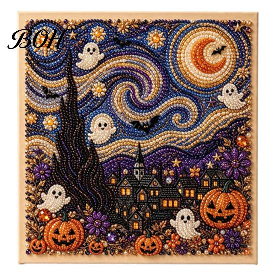 Jesienna Dekoracja Świąteczna Halloween Sztuczna Perła Artystyczna Zestaw DIY, Zestaw Rękodzieła Haftu Koralikowego 3D, Straszny Ręcznie Robiony Duch Dynia Koza Wiedźma Sztuka na Ścianę, Sezonowy