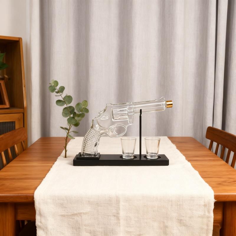 4Pcs (1pcs spirit bottle + 2pcs cups + 1pcs bottle rack) pistol shaped glass bottle set, ideal anniversary gift for men, whiskey glass set.