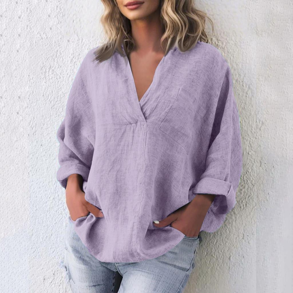 Damenmode Lässiges Pullover-Oberteil aus Baumwolle und Leinen mit V-Ausschnitt und langen Ärmeln
