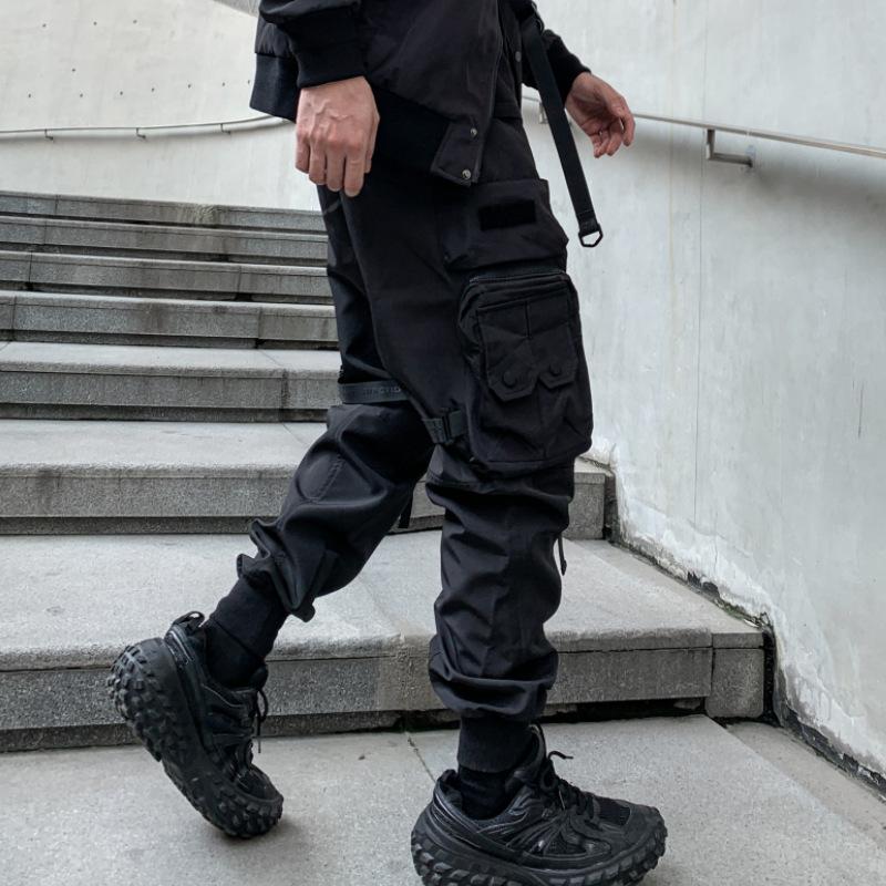 Multi Pockets Ribbons Bandage Wear Cargo Pants Mens Harajuku Punk Hip Hop Joggers Casual Streetwear