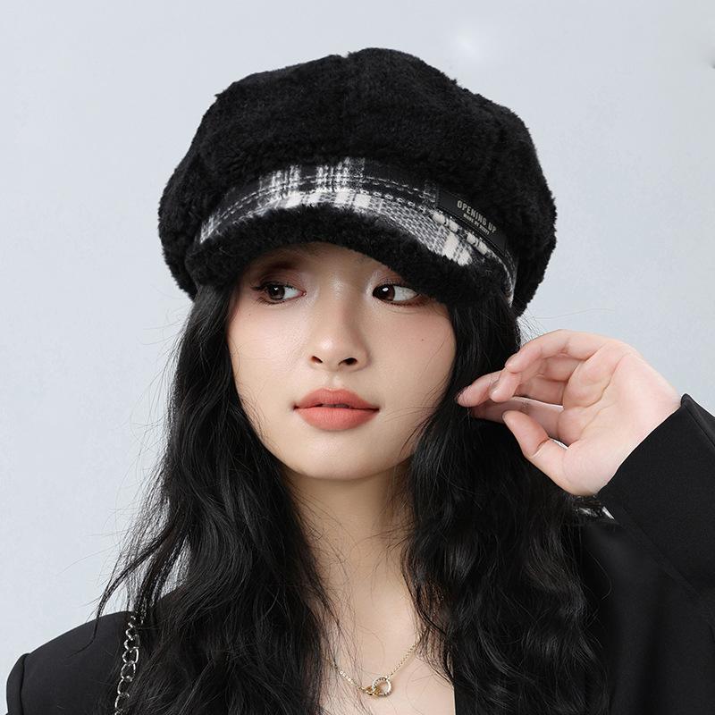 Plüsch achteckige Kappe Damen Herbst Winter warme Baskenmütze großen Kopf Zeitungsjunge Mütze