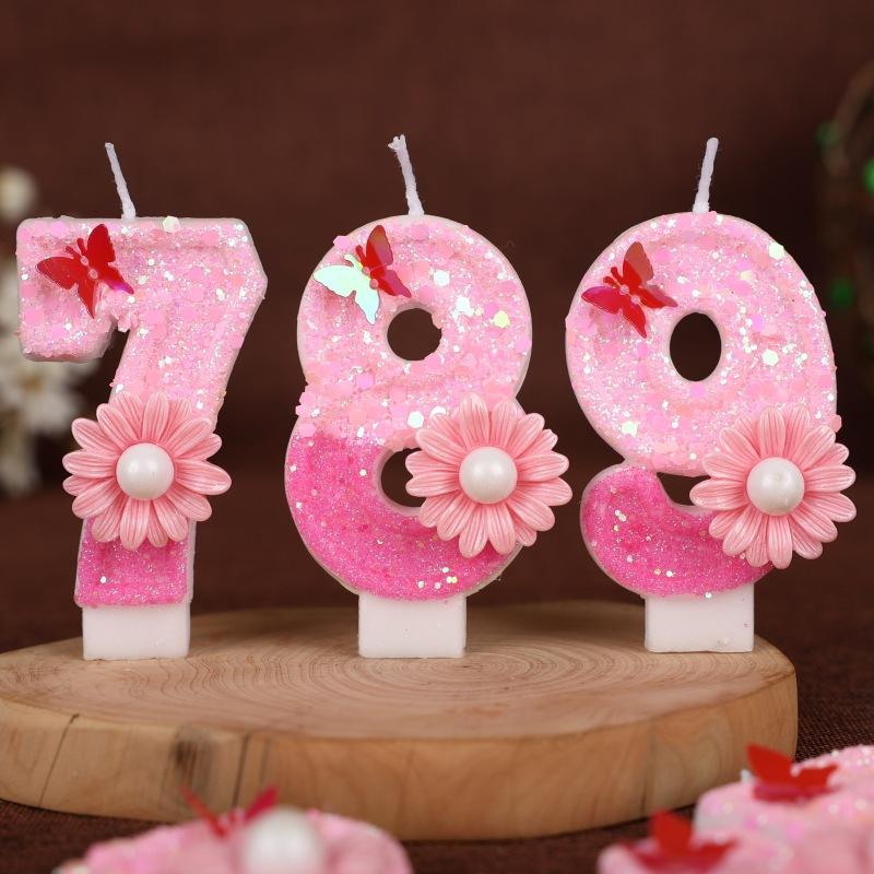 Sequin Pink Flower Butterfly Numbers Birthday Candle Cake Party Decoration One Year Old Handmade Candles 0-9