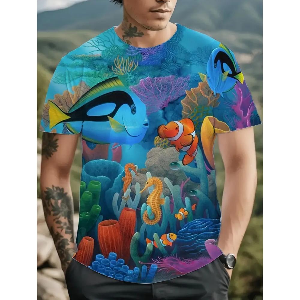 Underwater World Men's T-Shirt Realistic Sea Creatures 3D Print Short Sleeve Fashion Casual Travel Men's Loose O-Neck Breathable T-Shirts