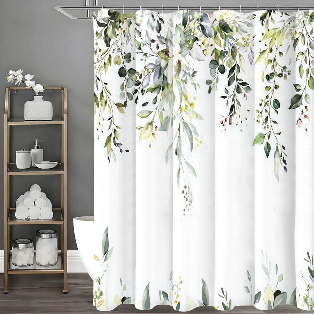 Green Eucalyptus Shower Curtain, Spring Watercolor Botanical Leaf and Flower Shower Curtain for Bathroom, Waterproof Fabric, Sho