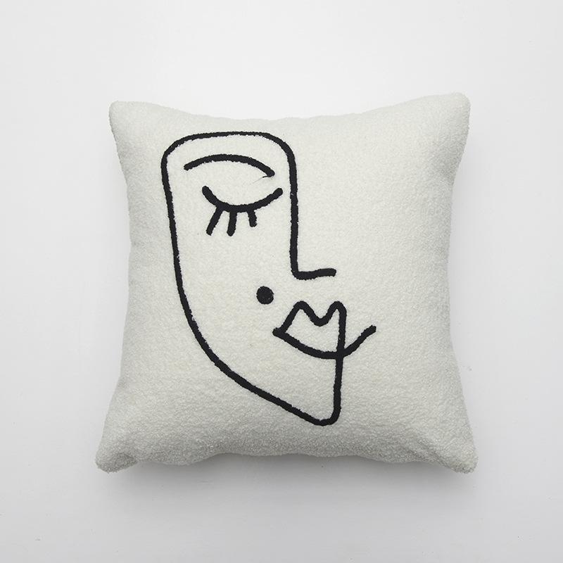 Face Simple Line Embroidery Cushion Cover Cushion Cover Teddy Velvet Sofa Living Room Abstract Bedside Pillow Cover