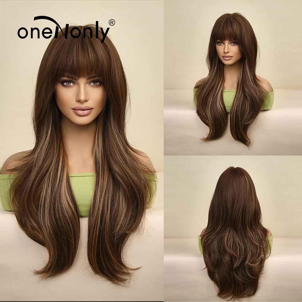 oneNonly Long Body Wave Ombre Brown Pink Synthetic Wigs with Bangs Natural Wave for Women Cosplay Natural Wig Heat Resistant