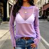 Women Long Sleeve Sheer Mesh Top Round Neck Transparent Blouse Lightweight Slim Fit Stretchy Shirt for Casual Wear
