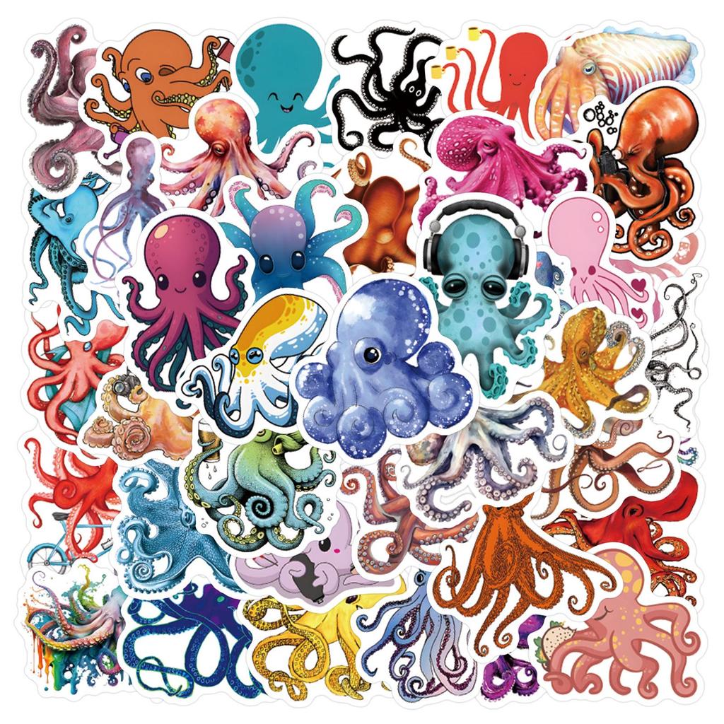 55 Ocean Creature Stickers: Octopus Cartoon Waterproof Decals for Planners, Water Bottles, Computers, and More.