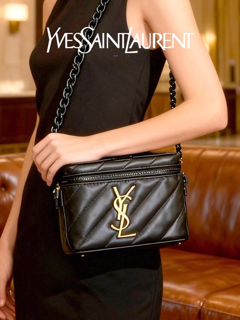 YSL Čierna krabičková taška cez rameno - Zlaté logo PU kožená kabelka s nastaviteľnou retiazkou, Konvertibilná crossbody taška na každodenné bežné použitie, Luxusný darček pre ženy