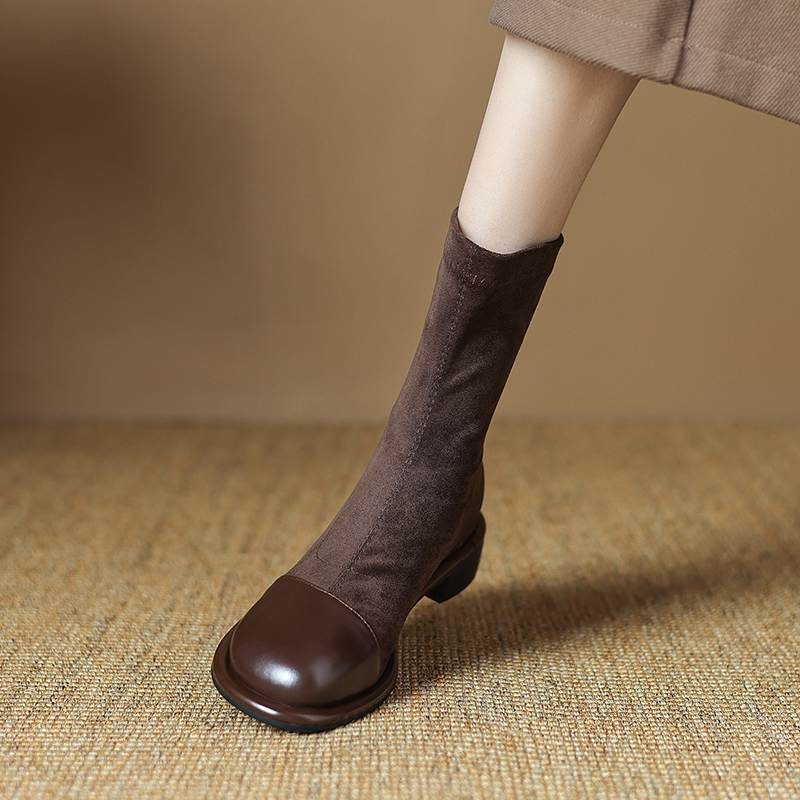 Krazing Pot Flock Autumn Winter Shoes Low Heels Size 43 Stretch Boots Back Patch Work Street Wear Elastic Ankle Boots