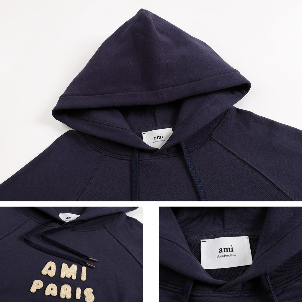AMI 2025 Autumn and Winter New Letter Embroidery High-quality Cotton Hooded Sweatshirt Sweatshirt Couple Pullover
