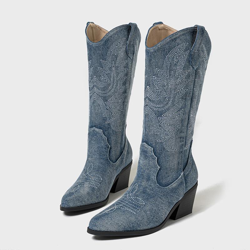 Western Style Embroidery Denim Mid Calf Boots For Women Pointed Toe Vintage Booties Low Hoof Heels Riding Equestrian Shoes