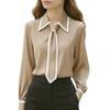 Women's Commuting Tie Long Sleeve Shirt Trim Tops Slim Fit Turn Down Collar  Solid Blouse Shirts Workwear Business Blouses