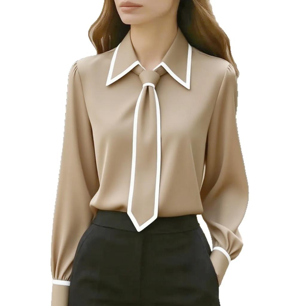 Women's Commuting Tie Long Sleeve Shirt Trim Tops Slim Fit Turn Down Collar  Solid Blouse Shirts Workwear Business Blouses