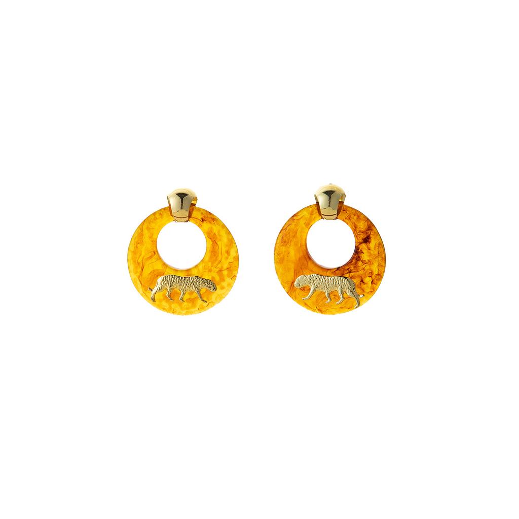 Resin Amber Smudged Round Ring Tiger Earrings, Retro Maillard Style Light Luxury Simple Personalized Earrings For Women