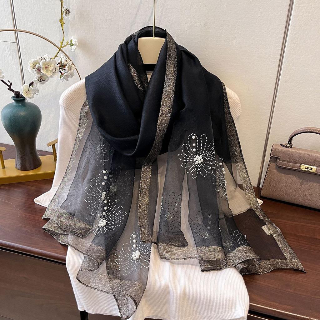 New Spring Hot Diamond Big Flower Order Pearl Versatile Warm Scarf Shawl Scarf for Women