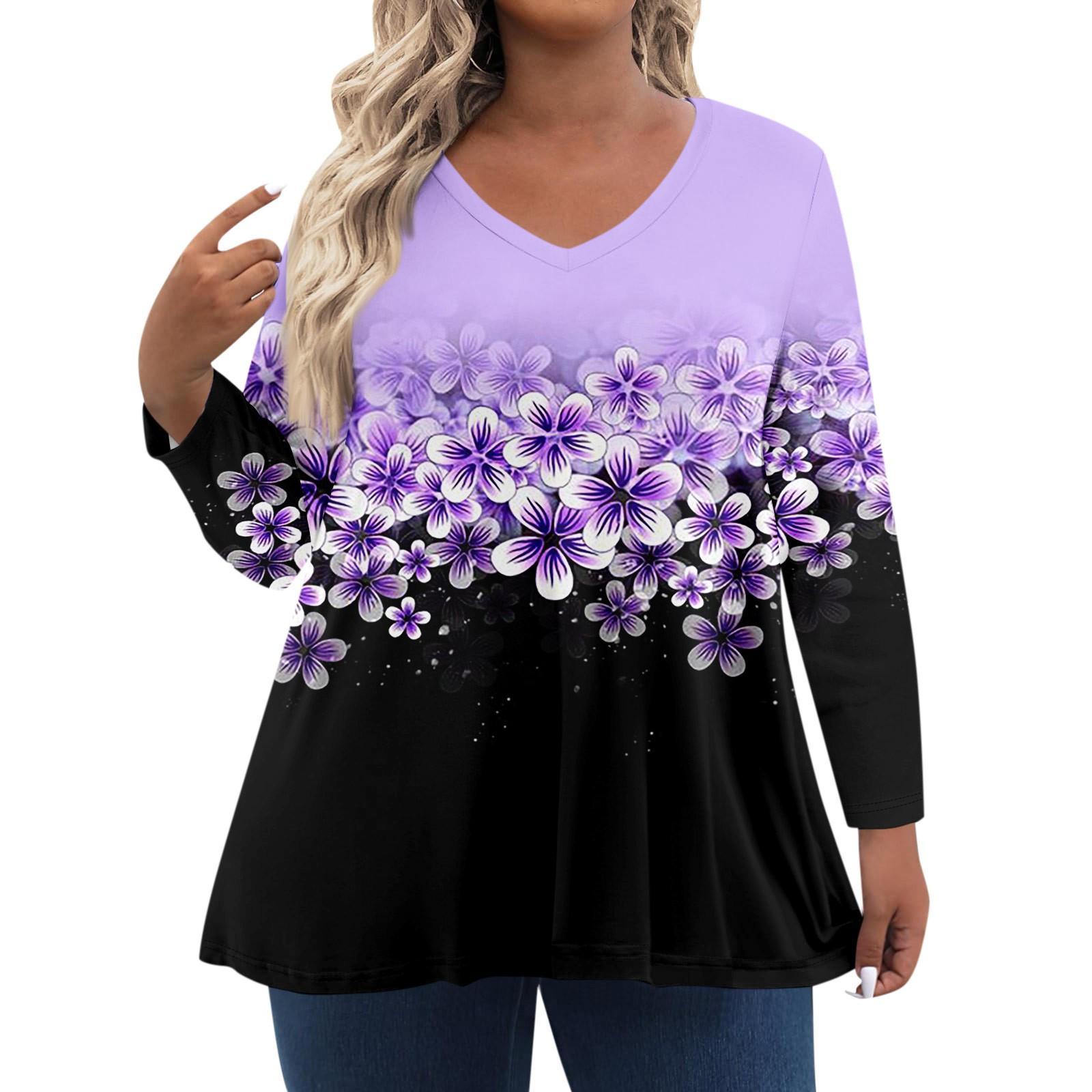

Женские топы больших размеров, рубашки с длинными рукавами, повседневная одежда с V-образным вырезом, топы с принтом XXXL фиолетовый