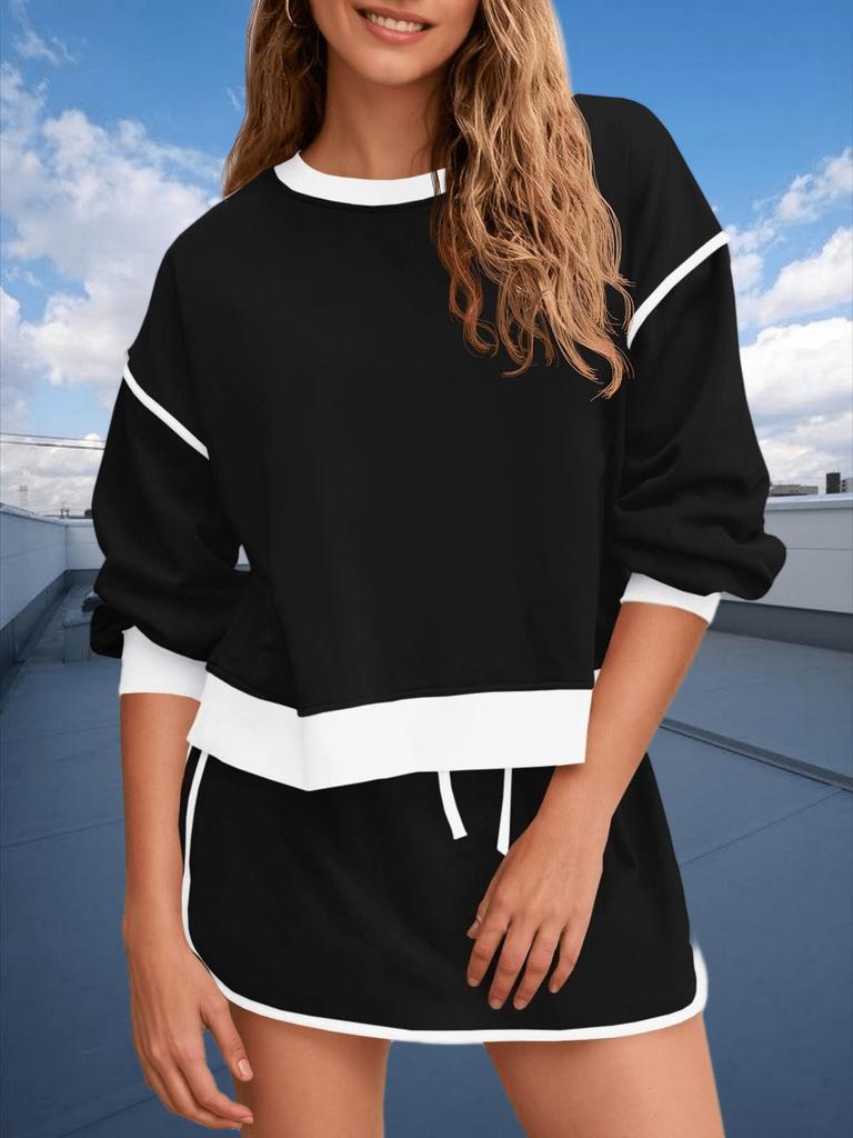 Women's Two Piece Oversized Crop Sweatshirt and High Waist Skirt Set Tennis Running Sport Outfit