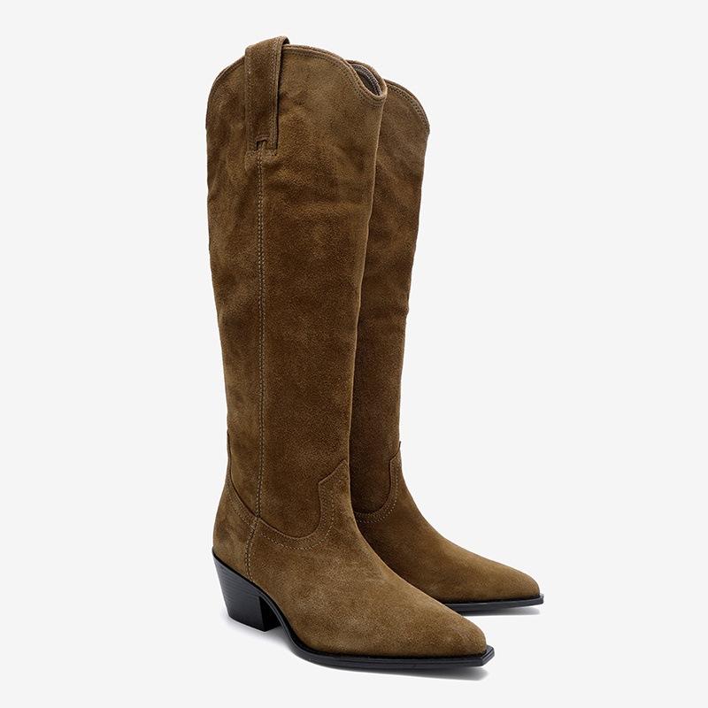 

Women s Brown Suede Knee High Cowboy Boots Pointed ToeBlock Heel Western Style Comfortable Stylish for Daily Wear 40