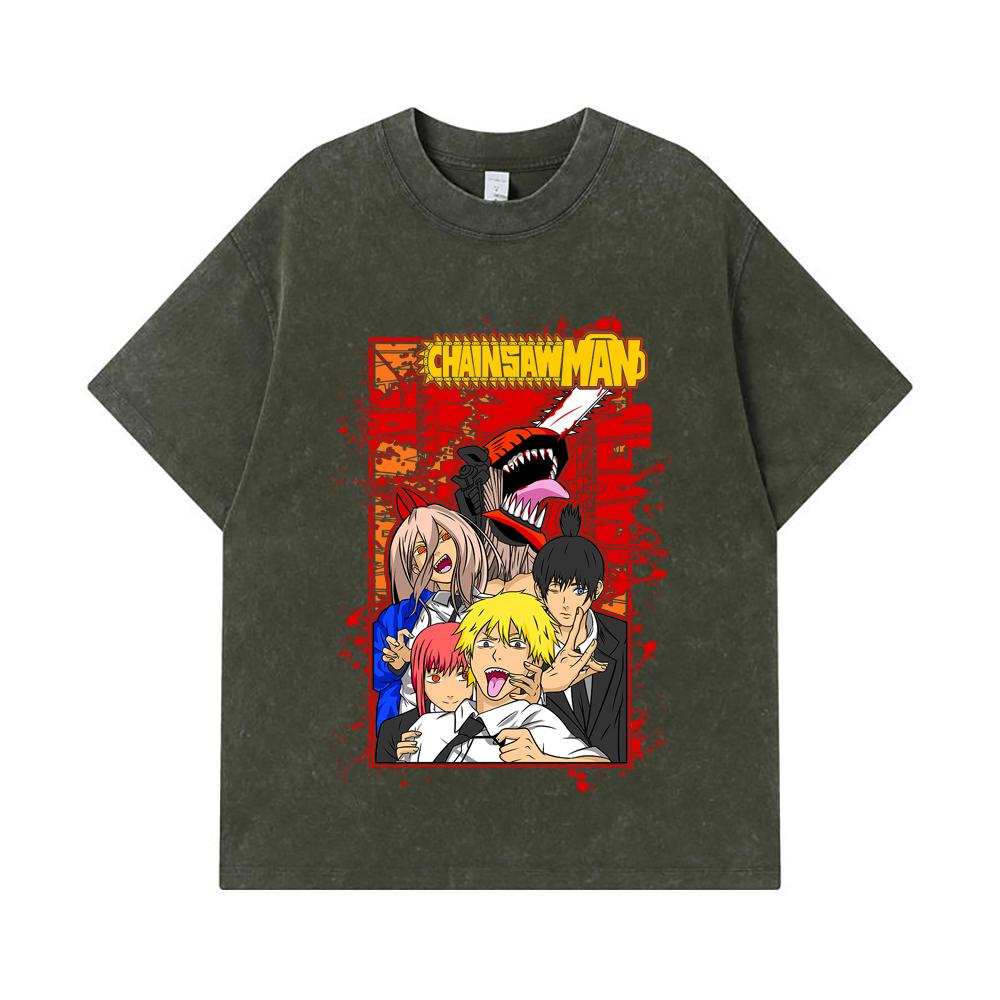 

275 GSM Washed T-shirts 100% Cotton Chainsaw Man V26 Print Unisex Heavy Cotton T Shirt S