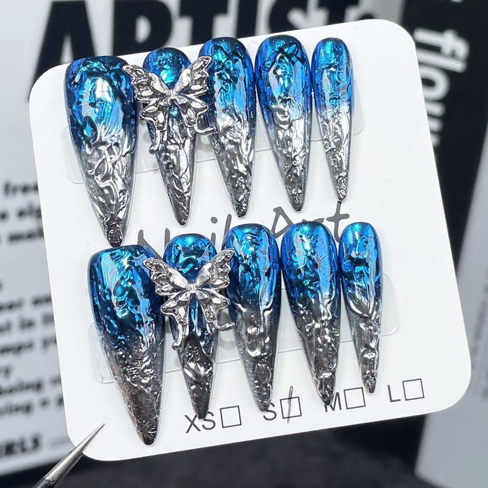 Handmade Y2K Metallic Gradient Luxury Long Stiletto Reusable Press On Nails Artificial Tips