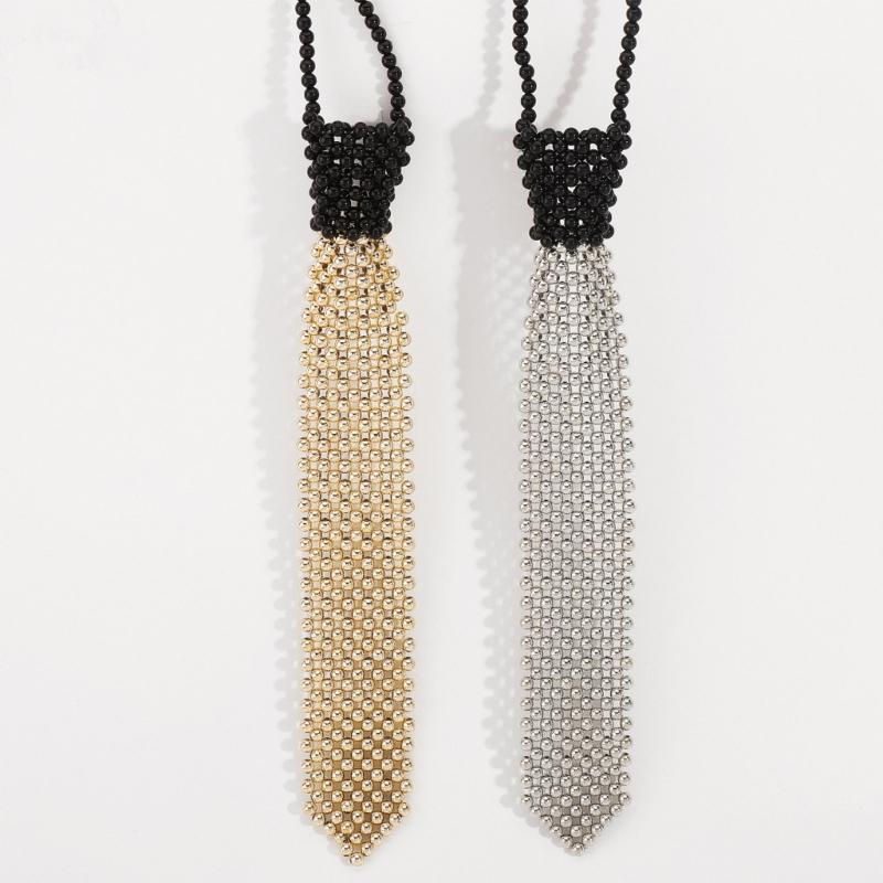 Elegant Tie Necklace with Sparkling Pearls for Formal Occasion Uniform Tie Punk Jeweled Necktie