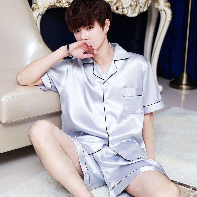 Ice Silk Pajamas Men's Summer Thin Short-Sleeved Shorts Simulation Silk Loose Youth Fashion Cool Pajamas Home Wear Su