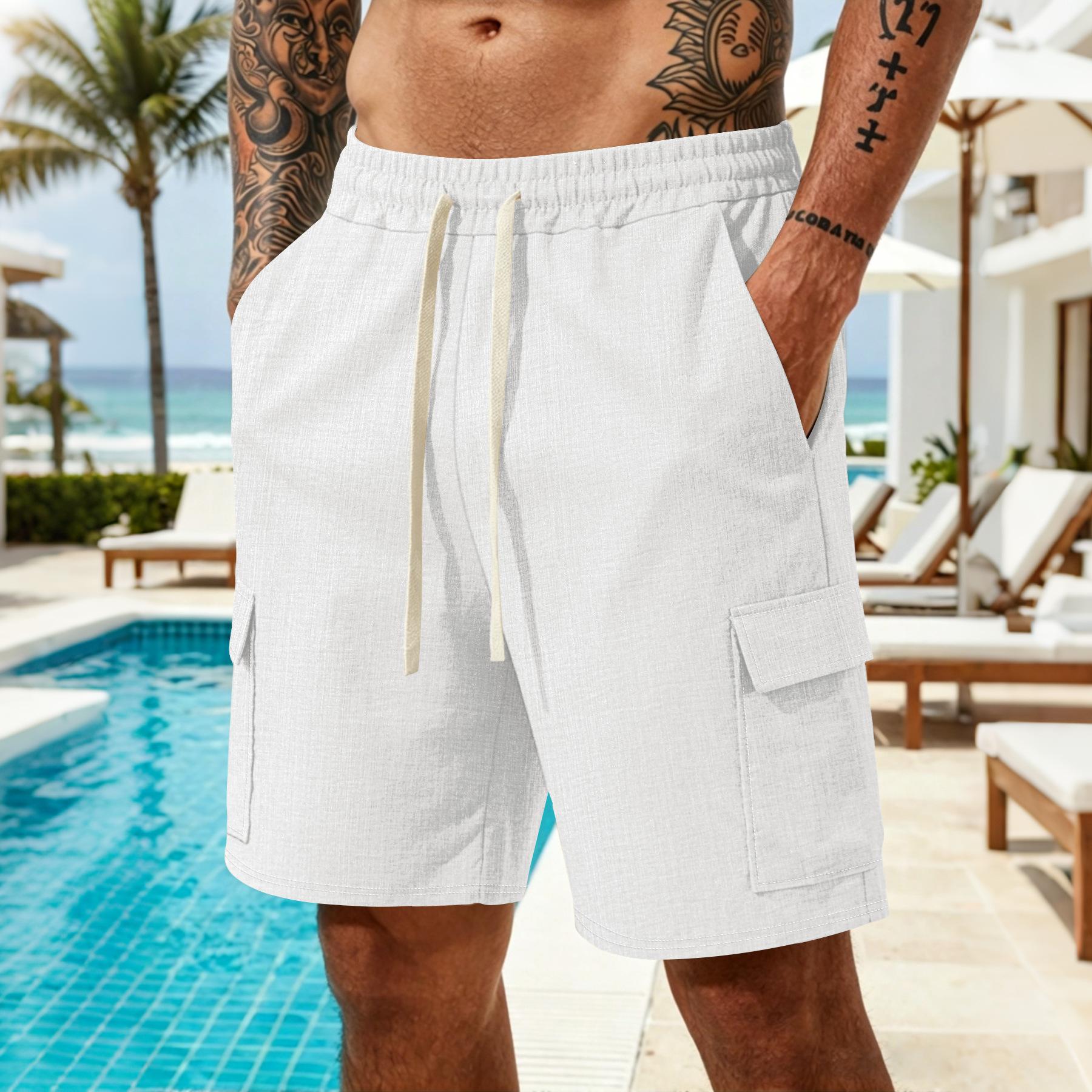 Mens American Vintage Cargo Shorts Multi Pocket Loose Drawstring S белый
