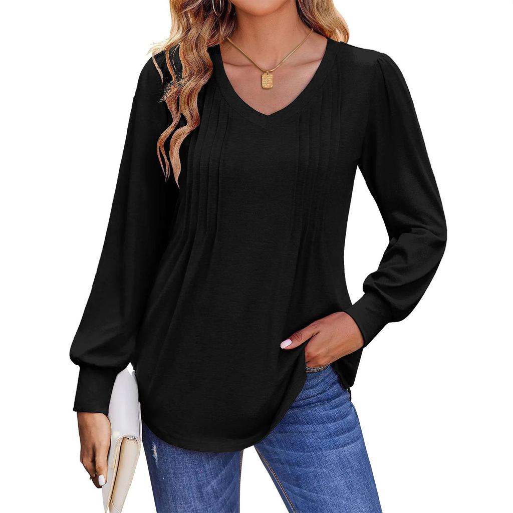 Women's T-shirt Solid Color V Neck Long Sleeve Top