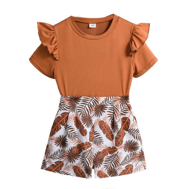 Girls' Casual Suit 2025 Summer Children's Lace Short Sleeve Top Fashion Printed Shorts Two-piece Set